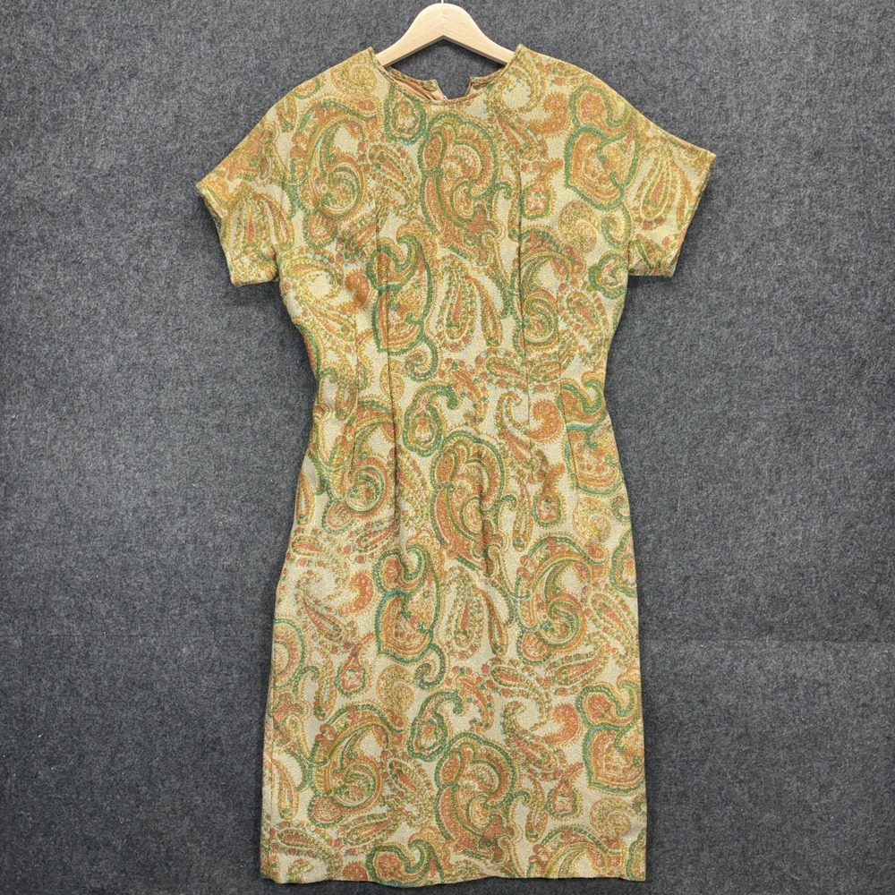 Vintage 60s Wiggle Dress Paisley Women's Short Sleeve Mod Midi Metallic Brocade